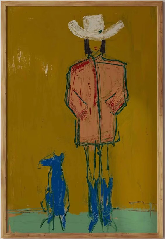 Cowgirl and Blue Dog Print | Modern Western Wall Art | Whimsical Cowboy Wall Art | Colourful Figurative Art | Pink Coat