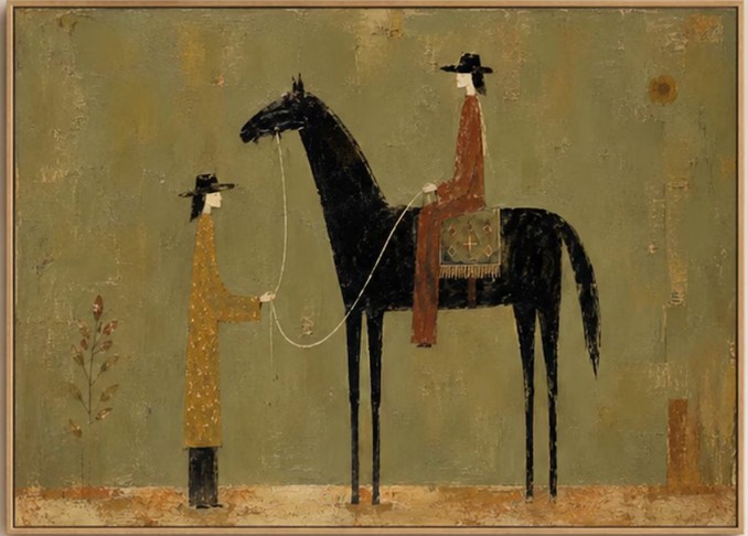 Vintage Green Western Cowboy Oil Painting, Large Minimalist Horse Rider Folk Art, Mid-Century Wall Art, Abstract Equestr