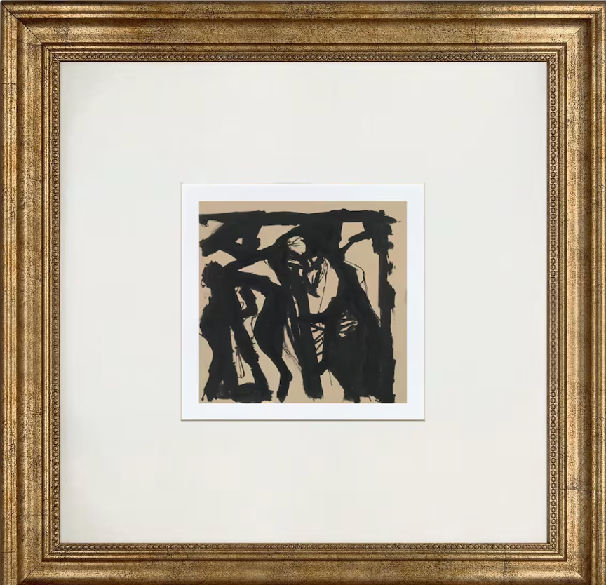 ramed Abstract Art Print: Black Beige Tones, Gold Foil Frame #325