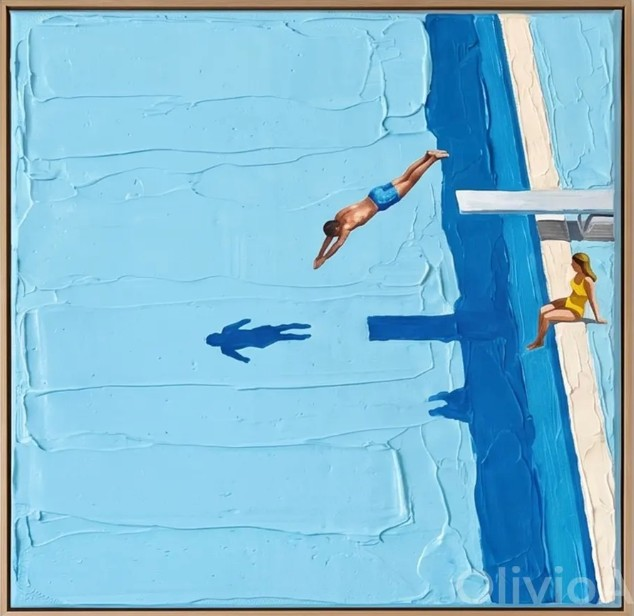 Luxury Vibrant Blue Swimming Scene Oil Painting,Fun Coastal Textured Canvas Artwork, 3D Palette Knife Art,Couple Lifesty