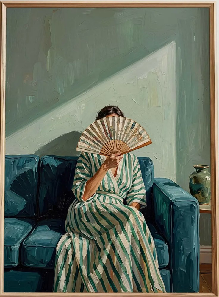 Woman with Fan Wall Art Print, Moody Figurative Poster, Green Blue Lounge Painting, Elegant Modern Interior Decor