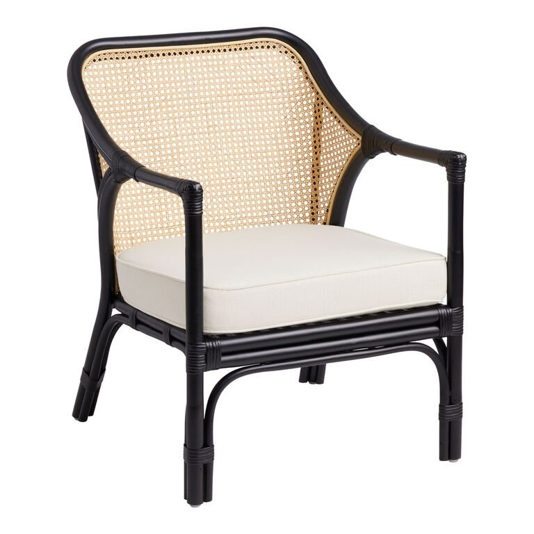 Lisette Black Rattan and Honey Cane Chair with Cushion