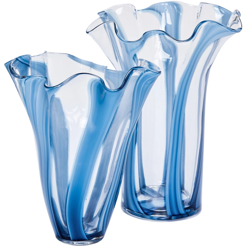 Handblown Glass Table Vase Set of 2 with Ruffled Rim and Striped Design, Blue 21